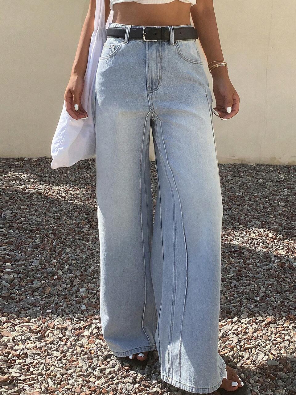 Women's Loose Straight-Leg Jeans With Line Pattern Decoration, Casual Streetwear,Back To School Clothes