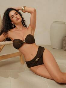 Swim Chiccia 3 件套女士夏季海滩纯色无袖可拆卸肩带金属饰边装饰背心和比基尼短裤搭配迷你裙 - 高级泳装套装