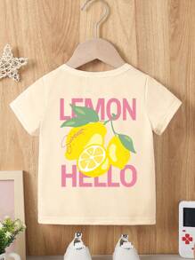 SHEIN 年轻女孩夏季字母水果印花圆领短袖休闲T恤 - 杏色 - 查看 5