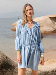 Lumivelle Vestido casual para mujer de color liso con escote en V, plisado y lazo - Celeste - Ver 6