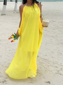 Sunnyshic Robe d'été sans manches en mousseline de soie jaune vif avec décoration coquillage pour femmes grande taille - Jaune citron - Voir 4