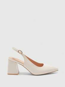 CUCCOO BIZCHIC 女士时尚米色露背尖头粗跟鞋，经典简约设计，适合通勤、约会、派对、度假、婚礼 - 米色 - 查看 2