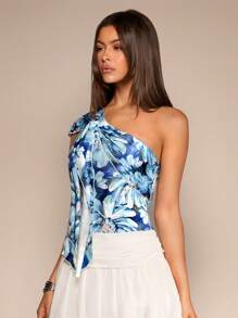 Glamine 1pc Women's Sexy One Shoulder Romantic Vacation Tie-Knot Bodysuit - Mint Green - View 4