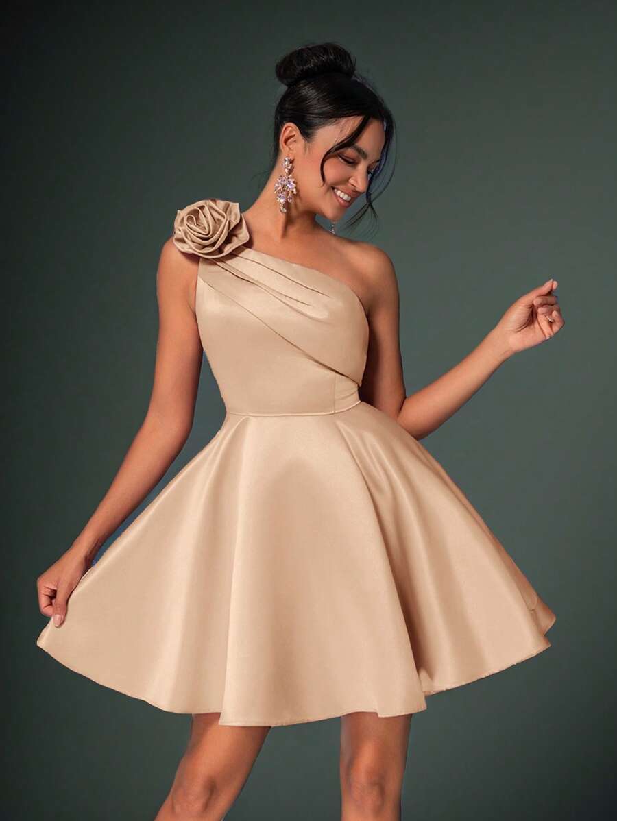 Lovelzi Elegante y lujoso vestido mini de fiesta con asimetría de volantes y flores 3D de color rosa loto