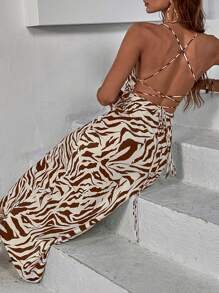 Aveloria Modichic Vestido Camiseta com Amarração Sem Costas, Estampa de Zebra, Traje de Férias para Mulher