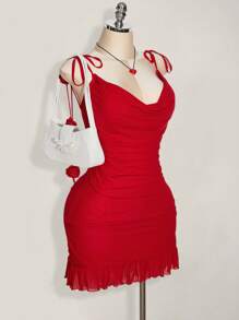 SHEIN ICON Plus Size Spring Break Outfits 3D Floral Decorated Tank Top Mini Red Dress Valentine's Day Outfits Spring Summer Women's Outfits,Club Outfits Women Sexy - Red - View 4