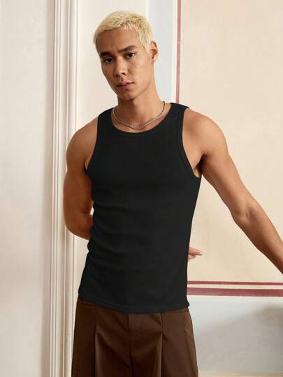 SWAVVY Men's Fashionable All-Match Casual Tight-Fitting Black Tank Top, Versatile And Fabric