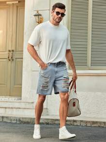 Manfinity VCAY Men's Casual Light Color Ripped Denim Shorts, Fashionable Men Ripped Jeans Shorts Distressed Jorts Men Casual Ripped Denim Shorts Ripped Jorts Jorts - Blue - View 3