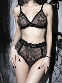 ROMWE Gothic Dark Branche And Leaf Print Triangle Bra And Panty Set - Black - View 1