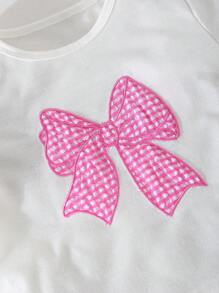 Conjunto informal de 2 piezas para niñas con camiseta de manga corta de cuello redondo a cuadros con lazo y shorts elásticos a la cintura con lazo a cuadros - Rosa - Ver 5