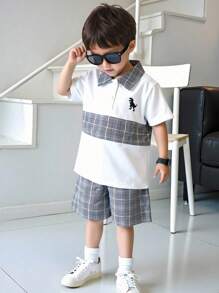 夏季新款简约英伦风套装拼布格子Polo衫+格子宽松短裤学院风青年男孩休闲两件套