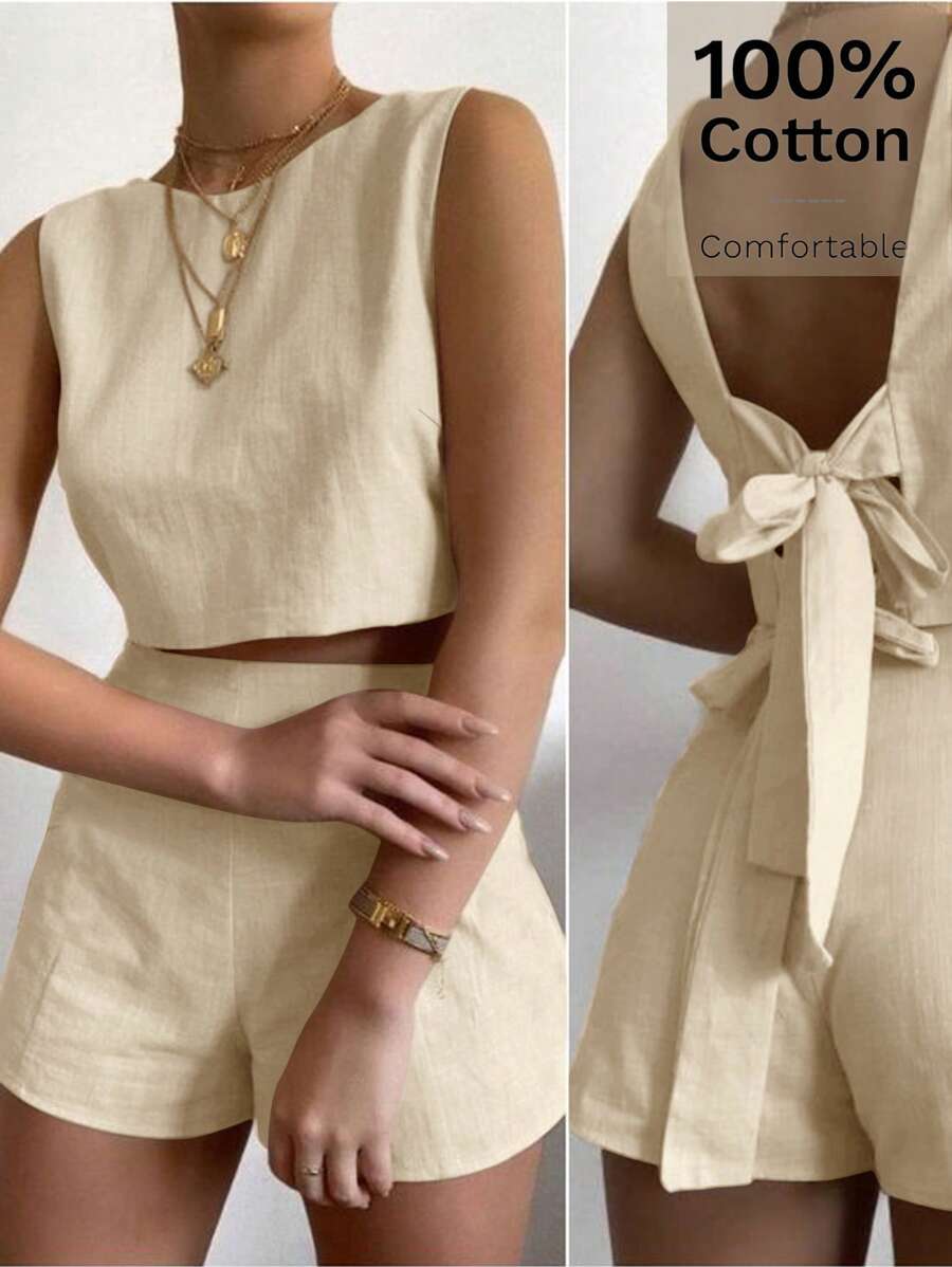 Siren Gaze 2 件套女士夏季休闲纯色露背打结短款上衣和短裤套装 - 卡其色 - 查看 1