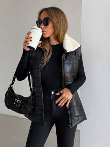 RueChic Shiny Fabric Cozzy Details Padded Zip Up Vest Winter Coat - Black - View 5