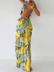 Bonvoyette Bộ 3 món đồ bơi bikini dây mảnh in họa tiết toàn thân cho nữ, quần bikini tam giác và chân váy ngắn - Màu vàng - Xem 2