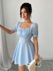 Elenzga New Season French Style Blue Square Neck Fashionable Luxurious High-End Chic Cinched Waist Elegant Puff Sleeve Dress For Summer - Baby Blue - View 5