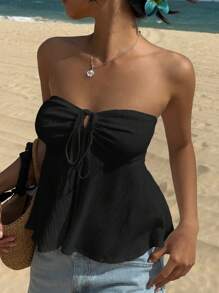 SHEIN EZwear Black Strapless Women's Vacation Blouse, Off-Shoulder Minimalist Style, Suitable For Summer,Tube Top - Black - View 4