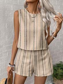 SHEIN PETITE Women's Woven Leisure Vacation Sleeveless Two Pieces Set - Apricot - View 6