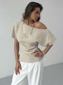 New Apricot Versatile Minimalist Commuter Asymmetrical Batwing Sleeve Ruffle Waist Fitted Pullover Top - Apricot - View 5