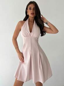 Firerie Vestido corto de mujer con cuello en V, espalda descubierta y pliegues en la cintura, elegante y versátil para vacaciones, traslados, verano