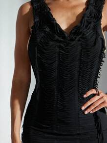 Denimoi Backless Distressed Fringe Hooded BacklesMini Dress - Black - View 4