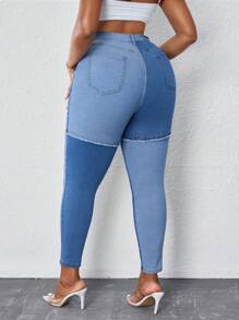 SHEIN SXY 大码女式撞色时尚紧身牛仔长裤