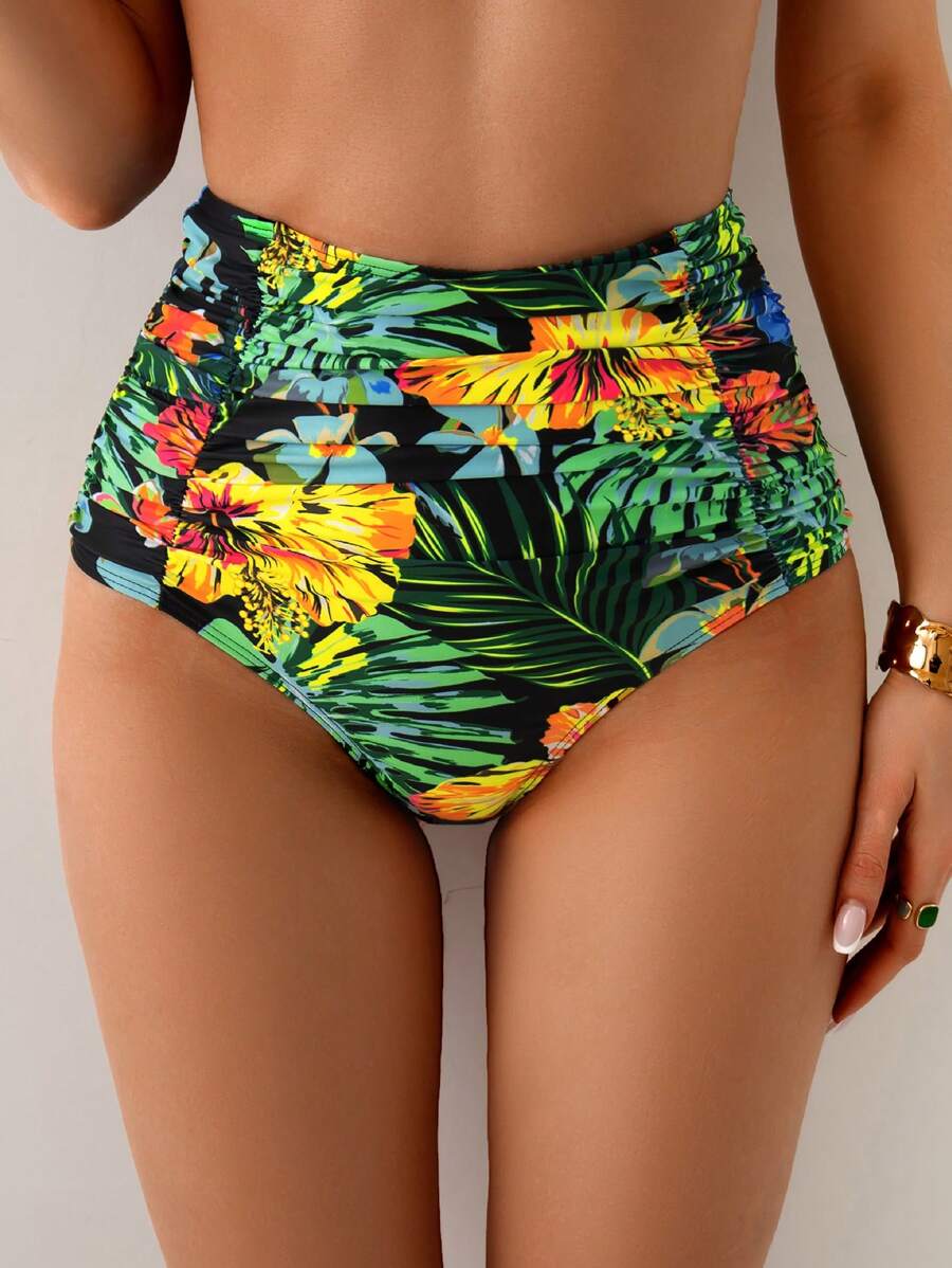 Swim Lushoire Palm Print Ruched High Waist Bikini Bottom For Summer Vacation - Multicolor - View 1