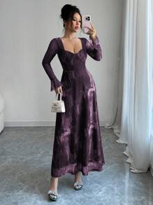 Modelyn 女式船领喇叭袖束腰飘逸扎染网眼优雅印花连衣裙 - 紫色 - 查看 1
