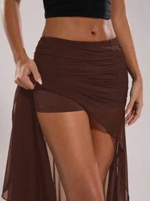 SHEIN BAE Women Solid Color Pleated Mesh Side Slit Hem A-Line Skirt - Coffee Brown - View 4