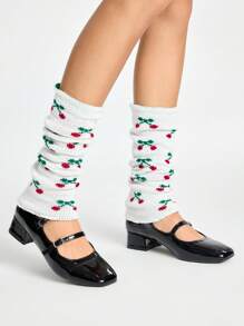 ROMWE 1 par de calentadores de piernas blancos lindos y kawaii con estampado de múltiples cerezas pequeñas - Blanco - Ver 2