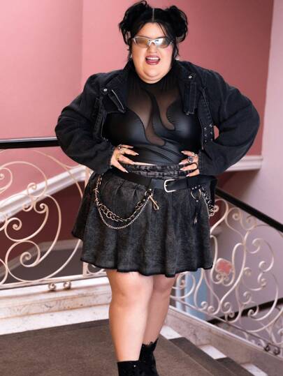 SHEIN X LOS FAVORITOS DE LA FATSHIONISTA Jeanoix Chaqueta de mezclilla casual corta de manga larga con botones delanteros de talla grande