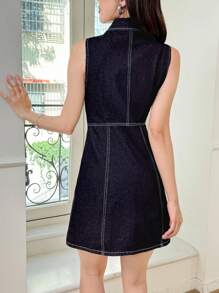 SHEIN MOD 女式夏季翻领单排扣无袖休闲牛仔连衣裙 - 藍色 - 查看 2
