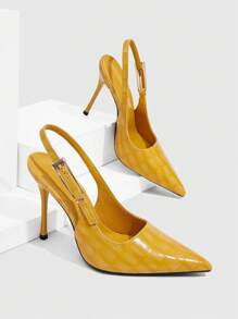 CUCCOO SZL Women's Fashion Mustard Yellow Crocodile Embossed Pointed Toe Slingback High Heel Shoes For Christmas Valentine's Day - Yellow - View 3