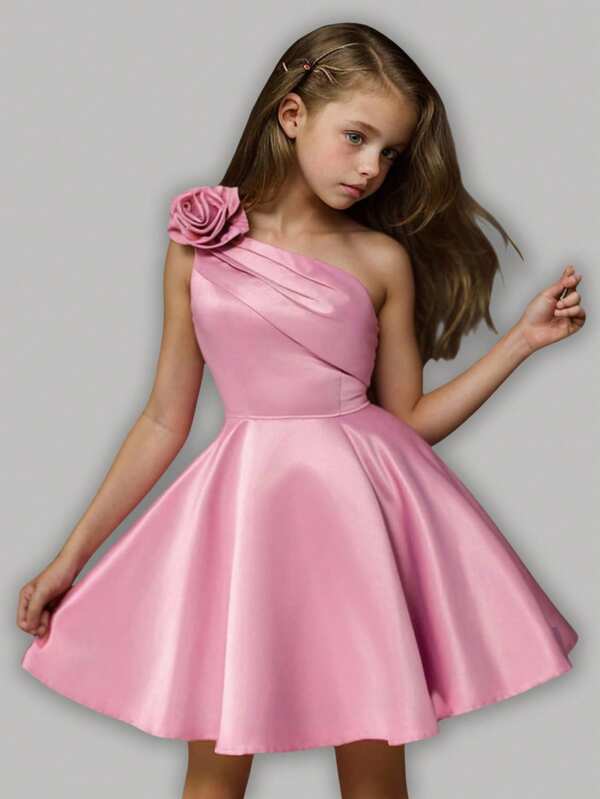 Girlism Tween Girl roz drăguț, elegant, luxos, umăr 3D, rochie de bal cu volan, rochie de bal scurtă, potrivită pentru întoarcerea acasă, ziua de naștere, primăvară, vară, petrecere, rochie de fată cu flori, toamnă și iarnă