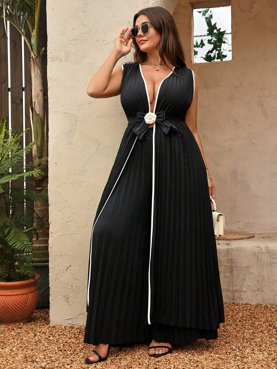 Flirla Damen große Größen Plissee Ärmellos Top und Shorts 2 Stücke Set, Lässig für den Sommer - Schwarz - Übersicht 1