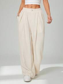 SHEIN PETITE Quần ống rộng thường ngày bằng vải tre dệt co giãn màu mơ mùa hè dành cho nữ Quần áo cơ bản cho kỳ nghỉ giải trí - Màu Khaki - Xem 6