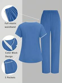 TaskEZ 拼色V领口袋短袖手术服套装