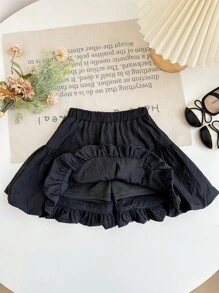 Young Girl Woven Solid Color Gathered Waist Casual Culotte Pants - Black - View 5