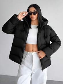 EURMUSE Casual Style, Keep Warm Feature Waterproof Long Line Patch Pocket Detailed Padded Coat - Black - View 3