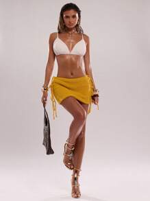 SHEIN BAE 针织合身侧带迷你流苏黄色毛衣裙夏季假期春季优雅可爱波西米亚风、女牛仔风、假日、音乐会、伊比沙岛、西部软饮料、海滩女士、秋冬女士 - 黃色 - 查看 3