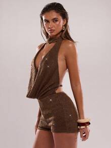 SHEIN BAE 女式垂坠领亮片针织无袖连体裤，优雅连体裤，棕色连体裤，派对连体裤 - 棕色 - 查看 6