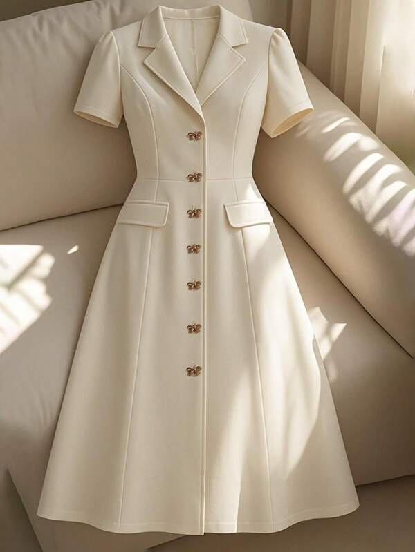 GlowEve Women's Elegant Collared Butterfly Buckle Waist Design Long Dress