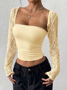 SHEIN EZwear Women's White Lace Shrug Thin Fitted Summer Cardigan - Yellow - View 4