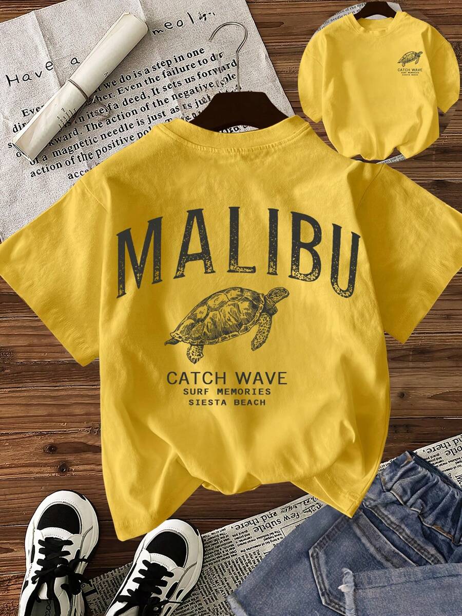 TaskSense Women's Letter & Sea Turtle Print Round Neck Short Sleeve Casual T-Shirt, Summer