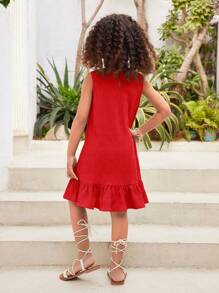 Đầm không tay cổ tròn màu trơn thời trang thường ngày cho bé gái đi nghỉ - Đỏ - Xem 4