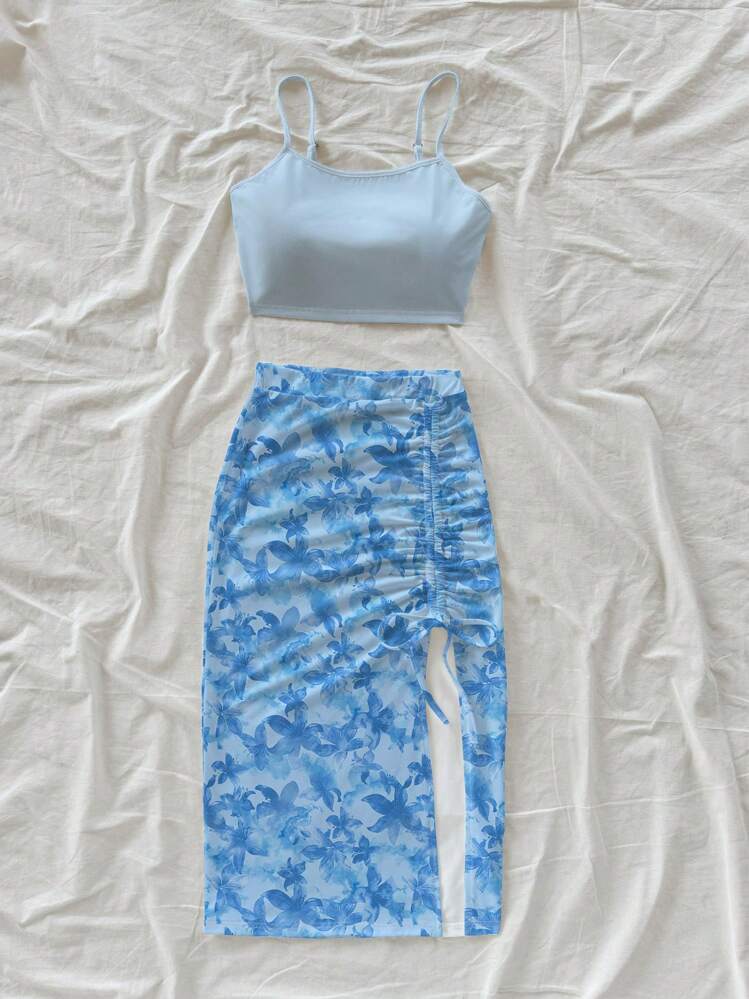 Soleia Women Casual Camisole Tank Top And Drawstring Slit Skirt Set, Hawaiian Floral Print, Fits For Vacation, Summer Suitable For Going Out - Multicolor - View 3