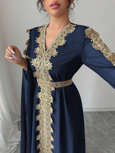 Rafferiza Patchwork Extra Lange Arm Abaya Robe, Damen Naher Osten Stil einfarbiges Spitzen Saum Langes Kleid