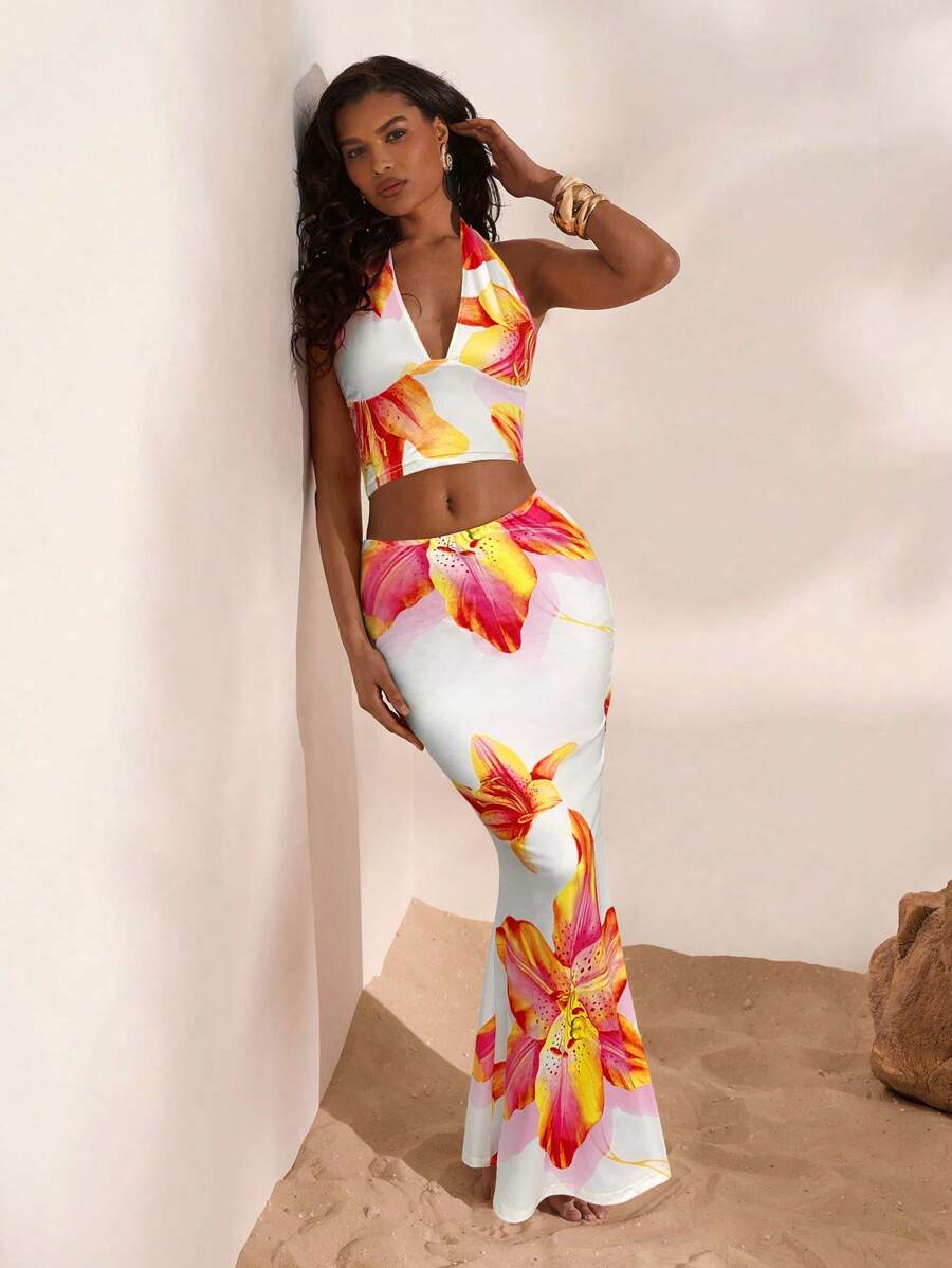 Opulessa 2pcs/Set Women Vacation Neck Halter Top And Printed Skirt Set - Yellow - View 1