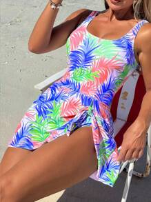 Swim Lushoire Damen Einteiler Badeanzug mit Pflanzen Muster, Sommer Urlaub Strandkleidung, Blau, Grün, Pink - Verschiedenfarbig - Übersicht 5