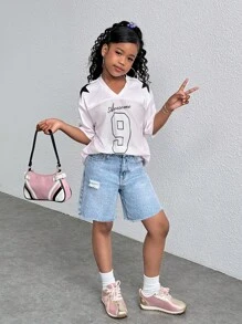 Shorts vaqueros azules desgastados de estilo casual de verano para niña joven - Lavado ligero - Ver 5