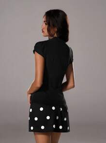 TRNVIE 女士优雅修身 V 领收腰短袖衬衫，百搭适合办公室穿着，夏季 - 黑色 - 查看 2